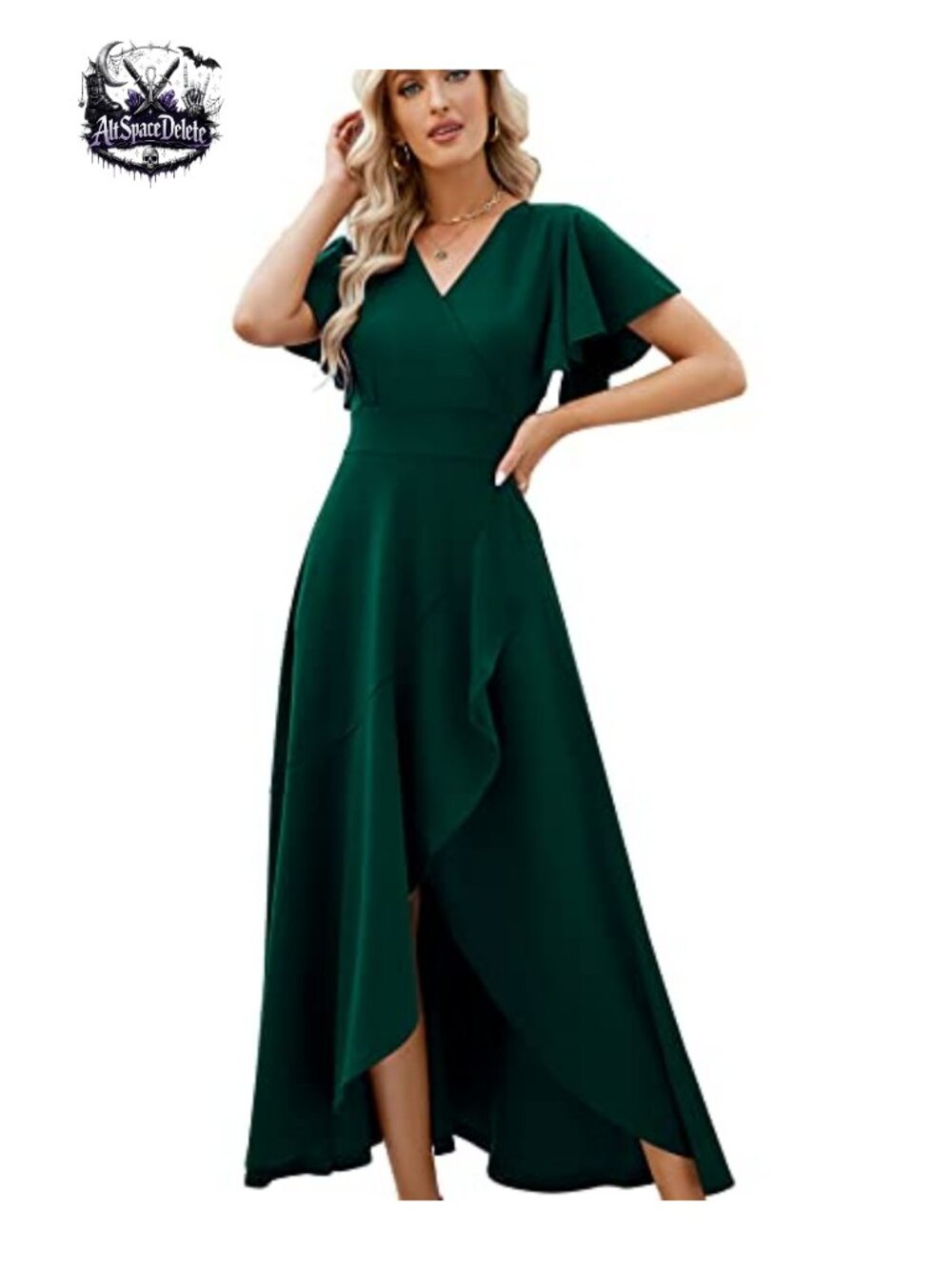 Formal Evening Gown V-Neck Ruffle Sleeve Wedding Guest Dress